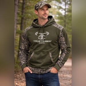TrueTimber Camo Hoodie | Hunting Pullover Sweatshirt | Olive & CamouflageSz M D4